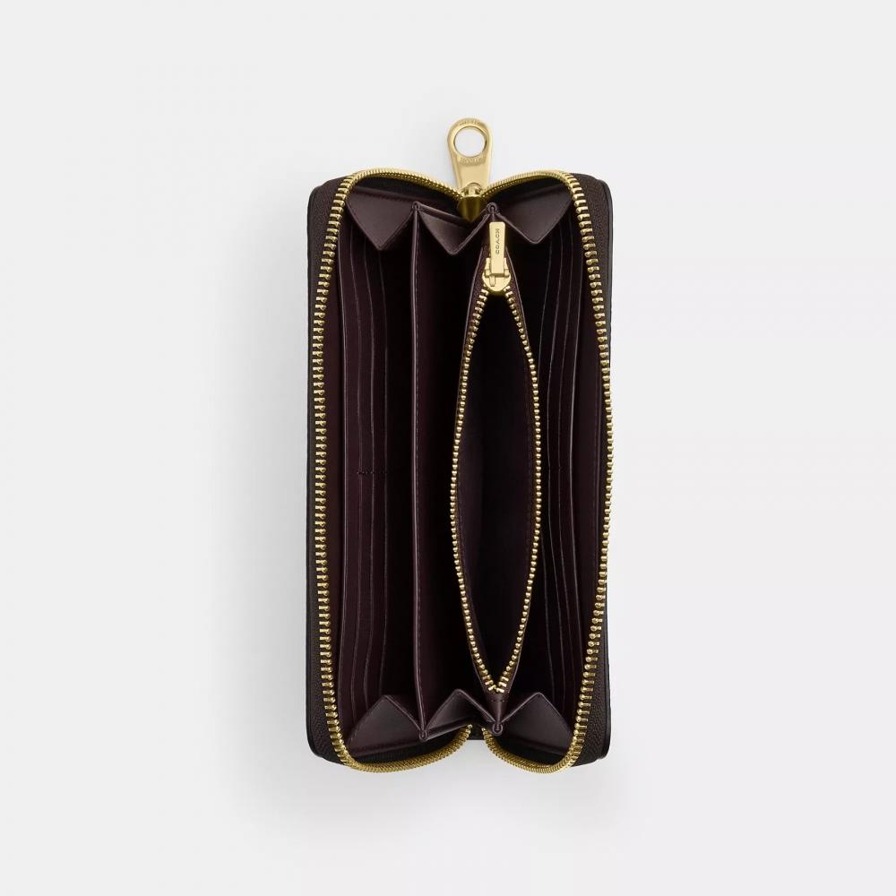 Coach Long Zip Around Wallet In Signature Canvas Gold Walnut Black