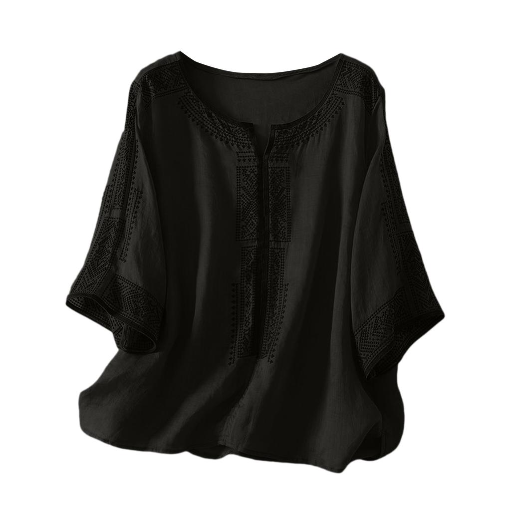 Fashionable Women's Cotton Linen Embroidered V-neck Short-sleeved T-shirt, Loose Summer Top