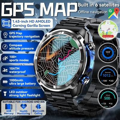 2026 Ny Herr Utomhus 1000mAh Batteri GPS Karta Smartklocka Inbyggt 4GB Minne AMOLED Klocka Bluetooth-samtal Vattentät Sport Smartklocka