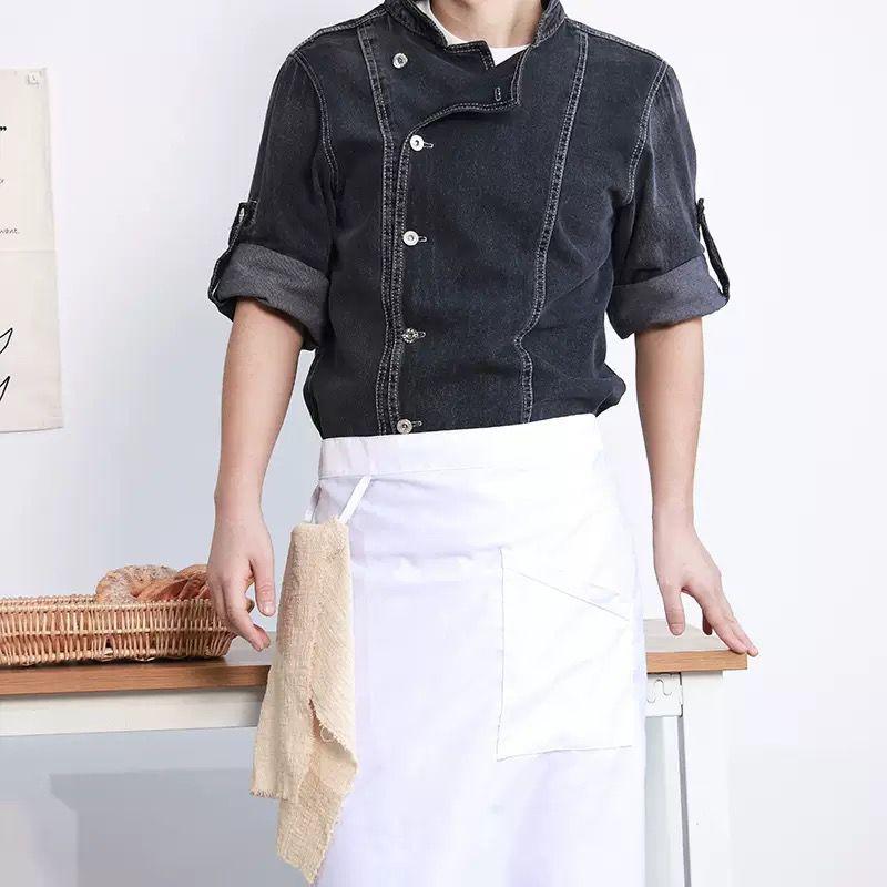 Western Restaurant Chef Fashion Denim Work Clothes Men s Bakery Catering Hotel  Button Long Sleeve Summer L чёрный