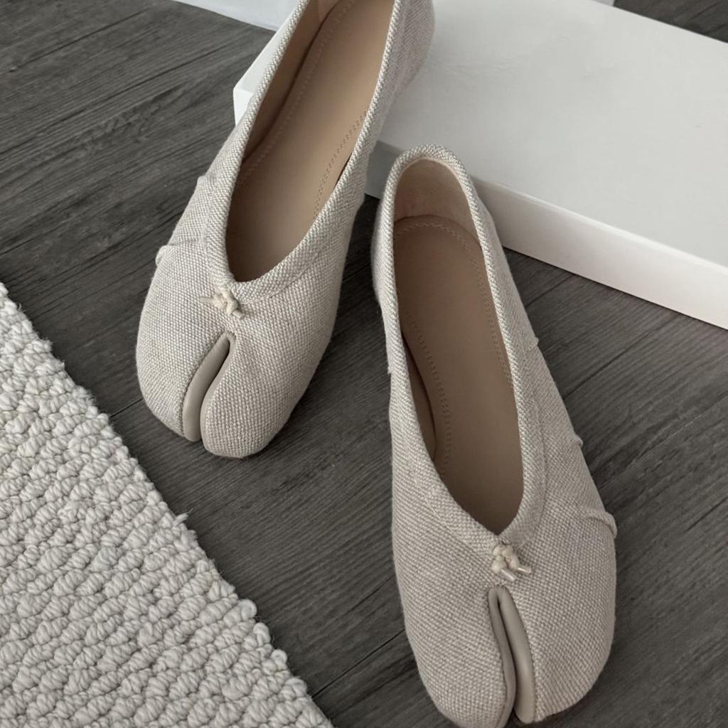 Cowhide version~ pleated linen leather soft-soled split-toed shoes women's canvas Mary Jane flats pig's trotters single shoes ladyshoes