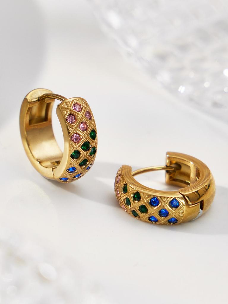 18k Gold-Plated Stainless Steel Plaid Zircon Earrings
