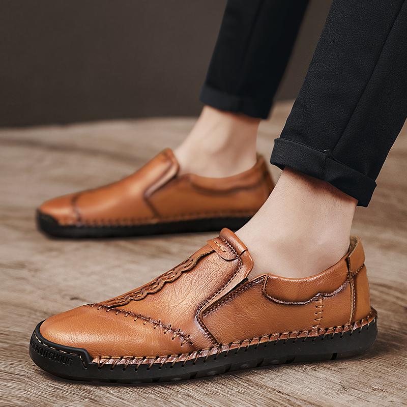 Brown Handmade Leather Men Shoes Casual Slip On Lazy Loafers Driving Breathable Outdoor Flats Hot Sale Moccasins Plus Size 48