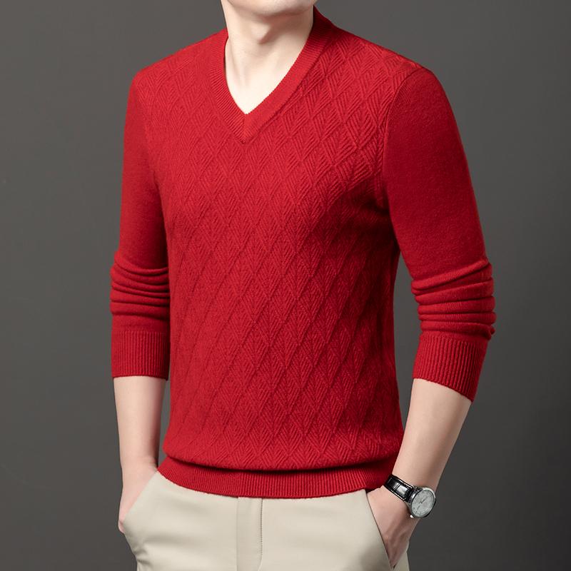 Autumn Winter 100% Sheep Wool Men's Sweater V-Neck Jacquard Smart Casual High Quality Knit Pullovers
