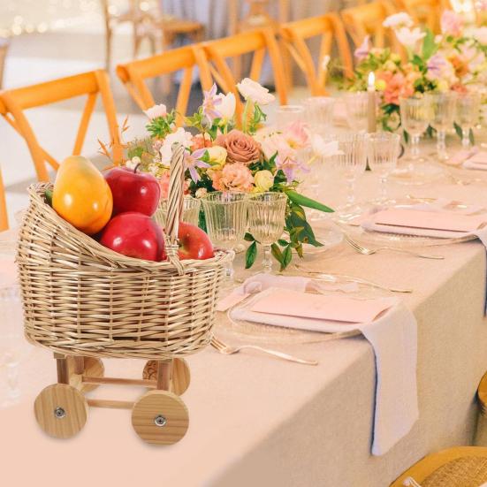 Stroller Shaped Flower Basket Rattan Woven Candy Basket with Handle Portable Decorative Rustic Basket with Wheels