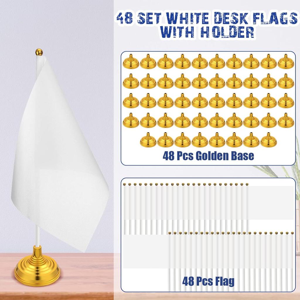 Tatuo 48 Pcs Mini White Desktop Flags on Stick with Stands 5.51 x 8.27 Office White Solid for DIY Craft Small Blank Desktop Flag with Pole for 4th of