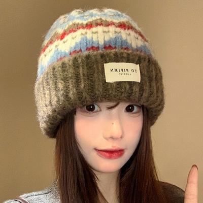 Vintage Fair Island Knitted Wool Hat Women's Autumn and Winter Warm Versatile Ear Protection Hat Loose Face Small Headgear