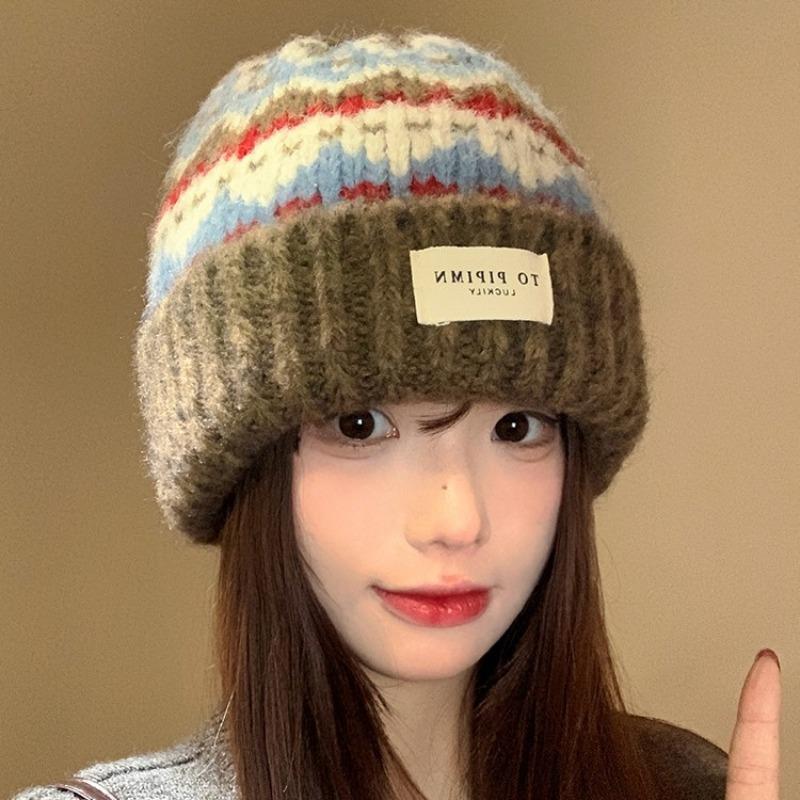 Vintage Fair Island knitted wool hat women's autumn and winter warm versatile ear protection hat loose face small headgear