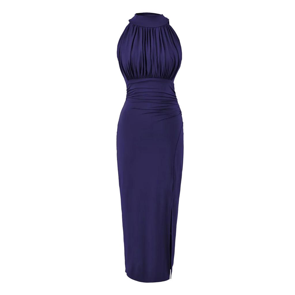 Elegant Women's Slim Fit Halter Neck Dress with Waist-Cinched Flowy Skirt and Side Slit