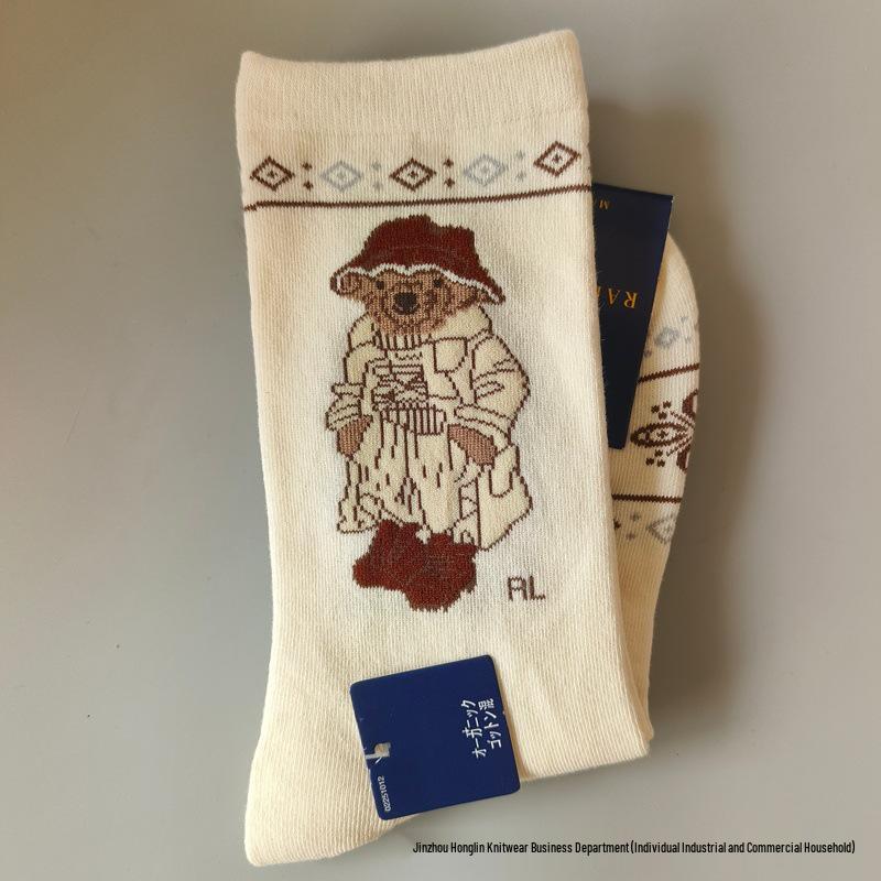 Trendy Little Bear Mid-Calf Women's Cotton Socks for Spring and Autumn