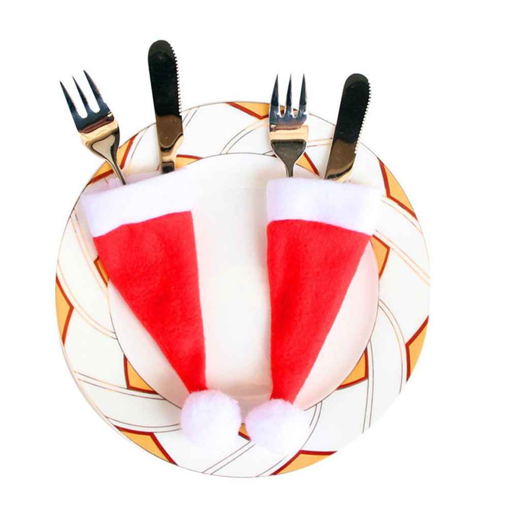 10 pcs Chapeau de Noël Bonnets Porte-couverts Poches Cuillère Décoration Dîner Fourchette