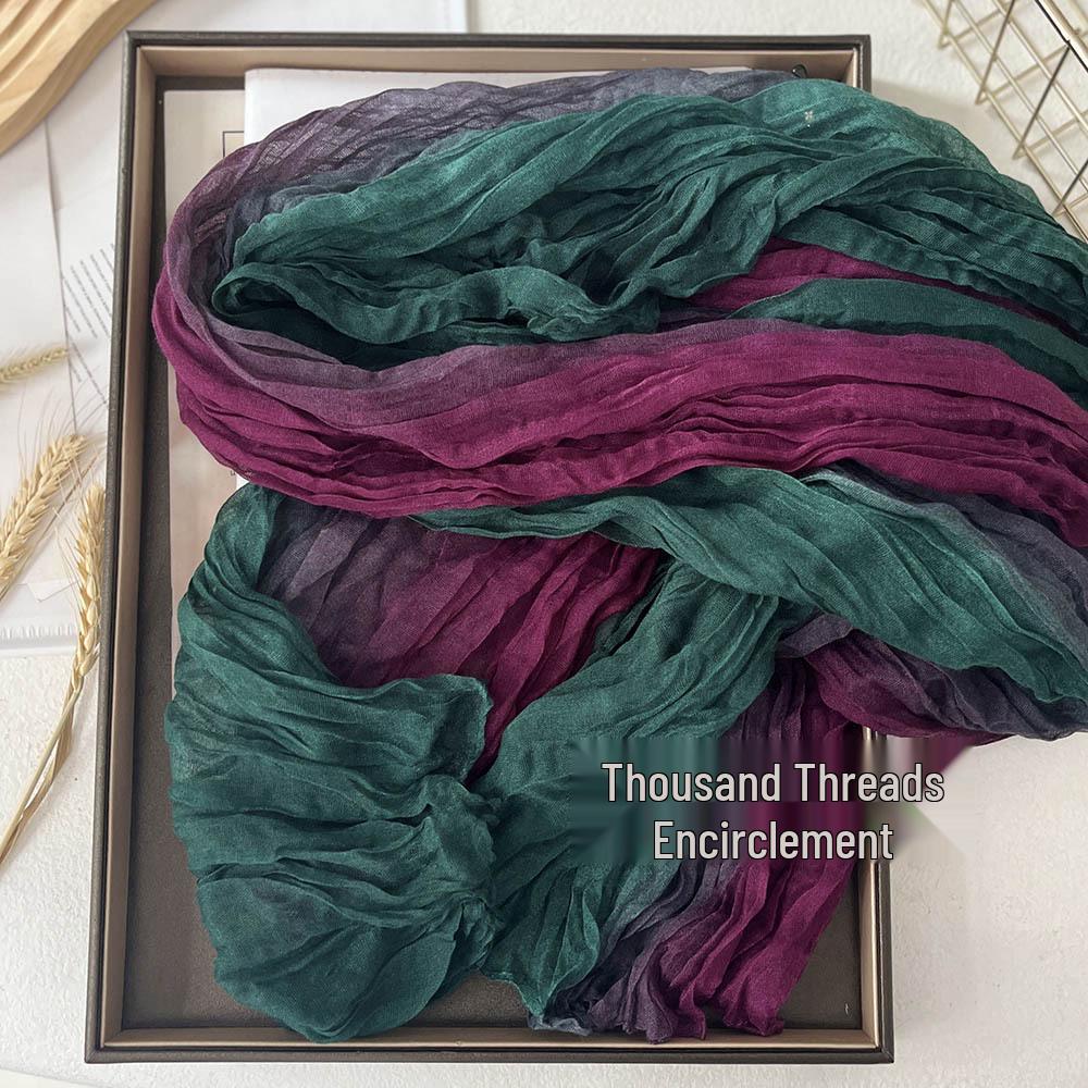 Sciarpa da Donna Blu Sfumato Effetto Cotone e Lino – Retro, Versatile, Lunga Stola Pieghettata per Autunno/Inverno.