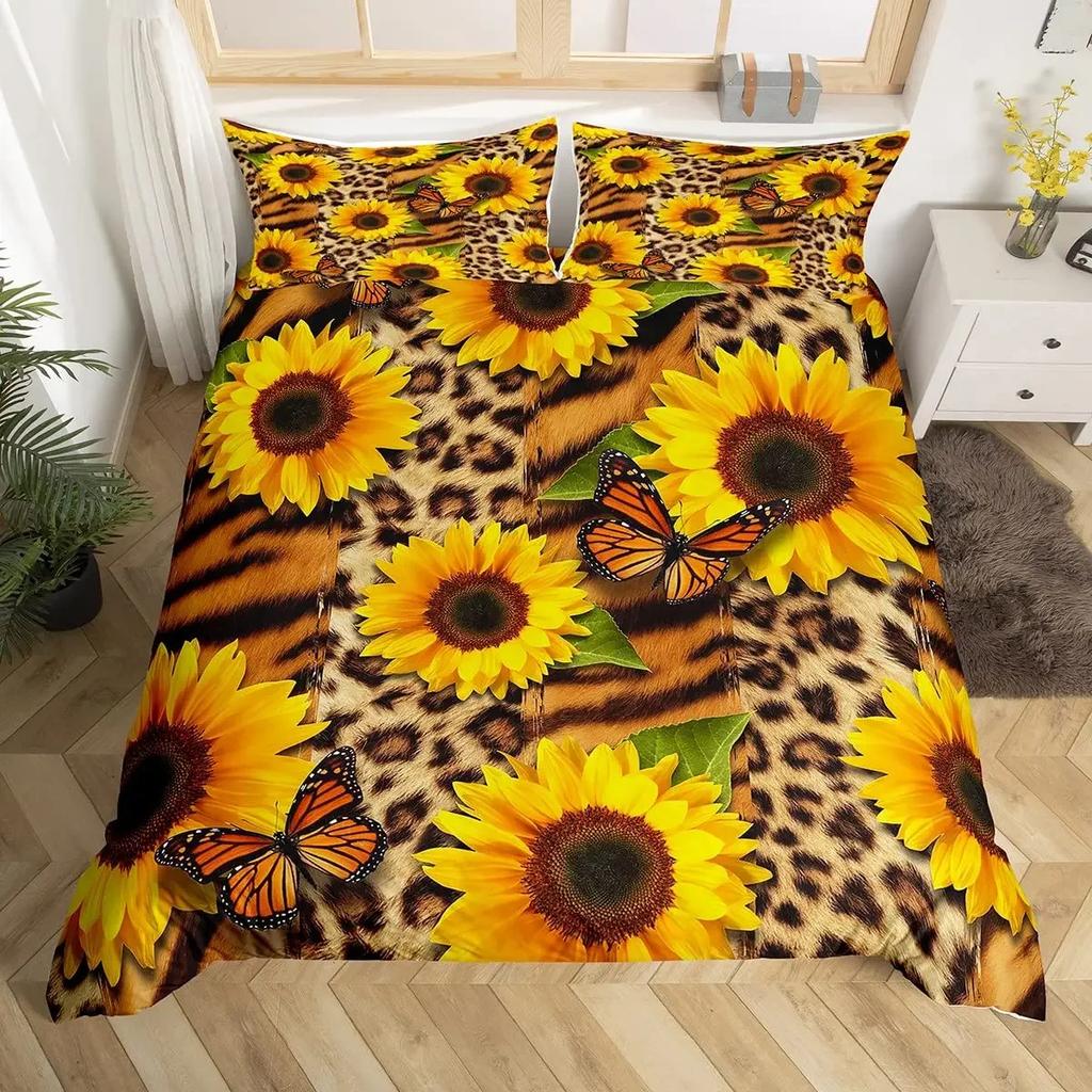 Sunflower Duvet Cover Set Yellow Flower Bedding Set Sunflower Botanical Floral Garden Bloom Print on Black Polyester Quilt Cover