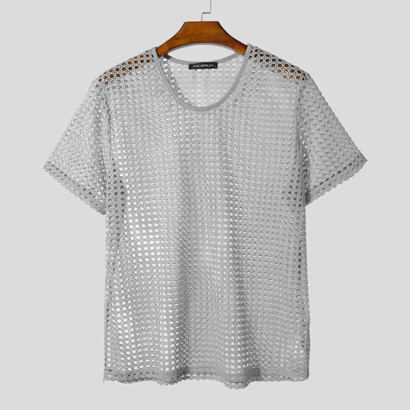 

INCERUN Мужские футболки с V-образным вырезом, с короткими рукавами, с ажурными вставками, просвечивающие топы 4XL серый