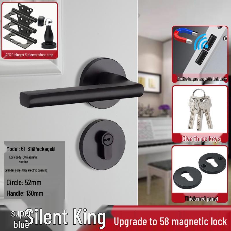 Magnetic Silent Black Wooden Bedroom Door Handle Lock