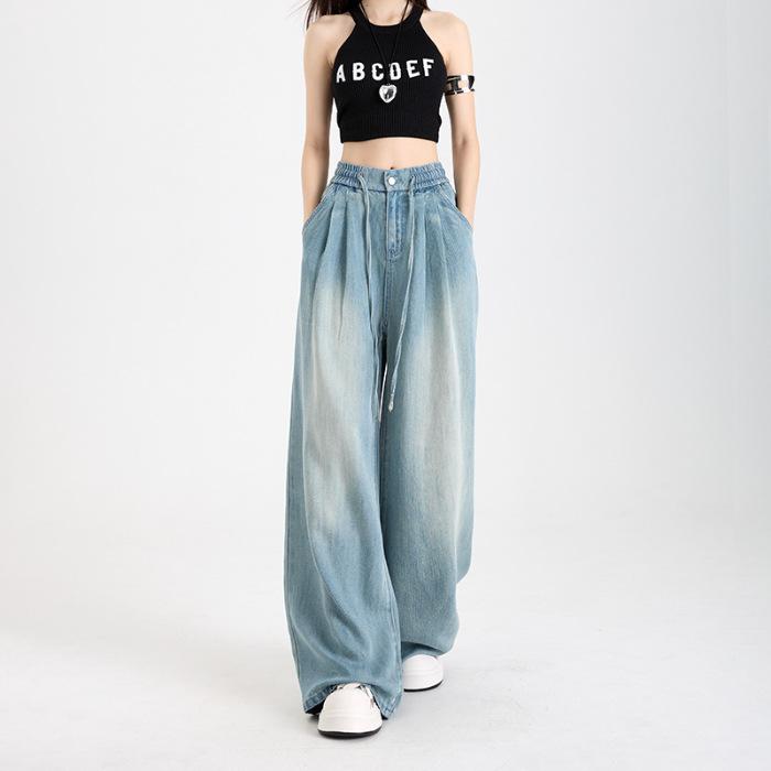 Summer Soft Cozy Woman Jeans Loose Wide Leg Elastic Waist Pants Fashion Casual Trousers