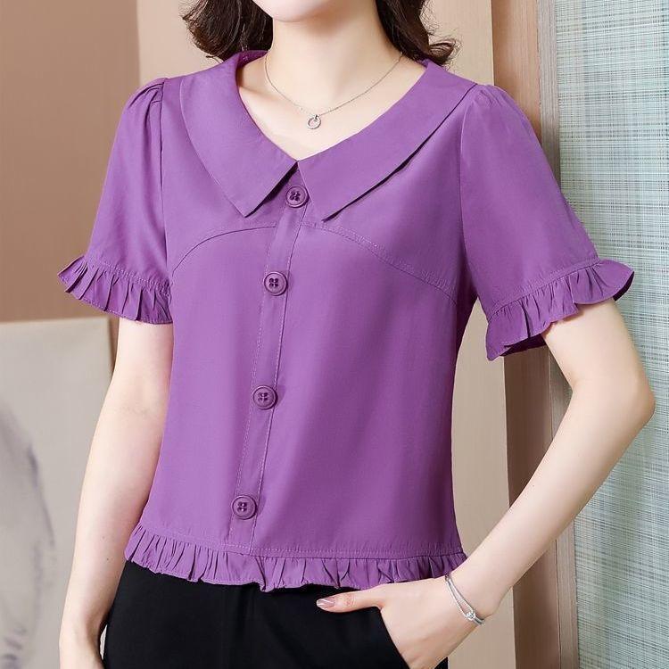 Fashionable Doll Collar Chiffon Shirt for Women In Summer, Fashionable Waist Slimming and Age-reducing Short-sleeved Top