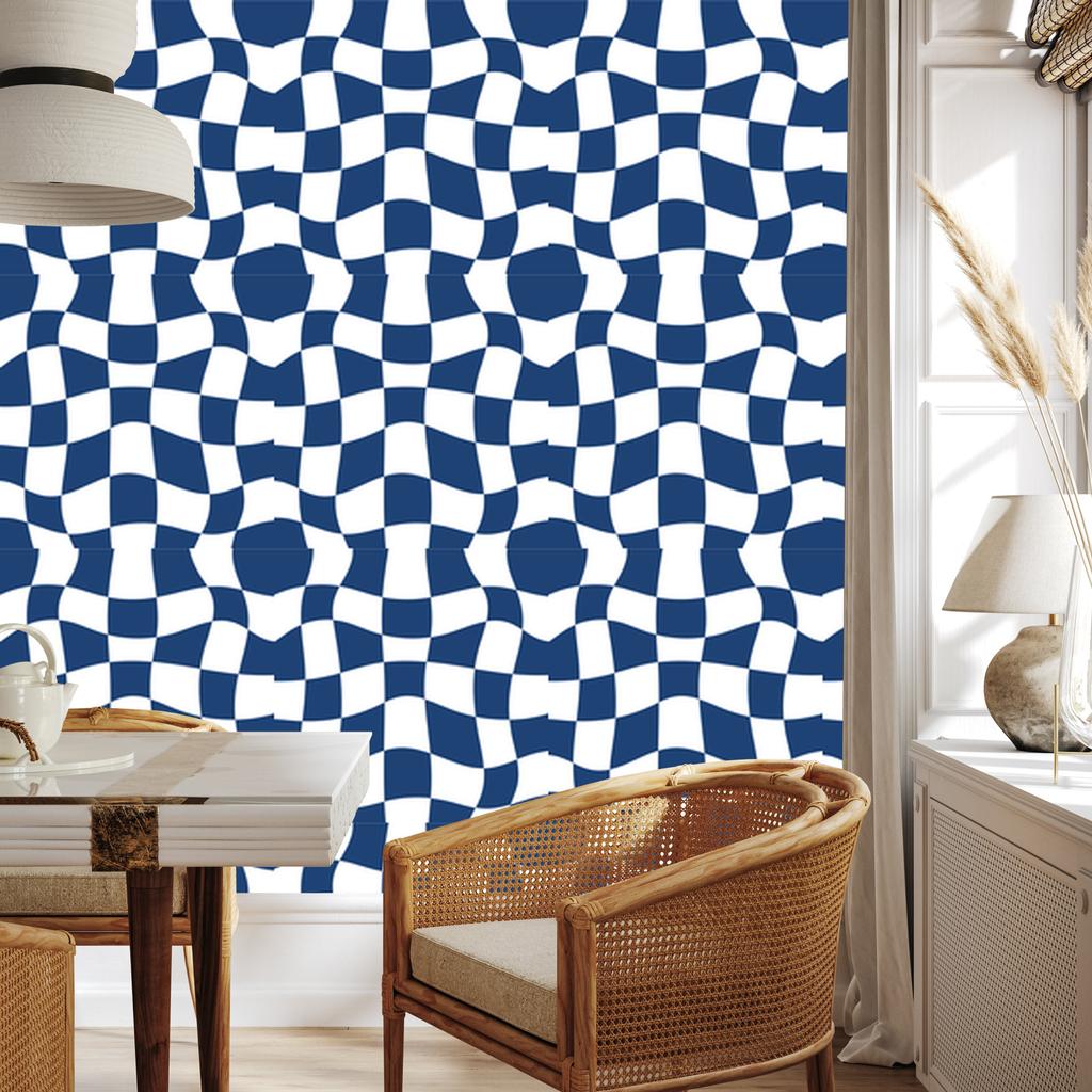 Wallpaper Casual Checkerboard Blue and White for Living Room and Bedroom 50x1000