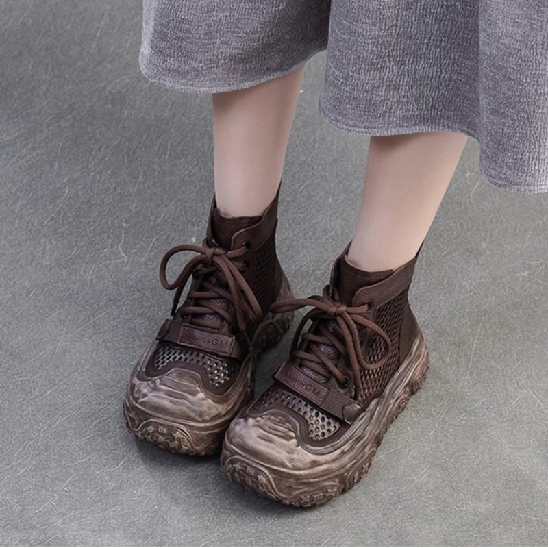 Johnature Cizme Retro Hollow-out din Plasă Respirabilă Pantofi cu Platformă Plată Confortabili și Versatili pentru Femei
