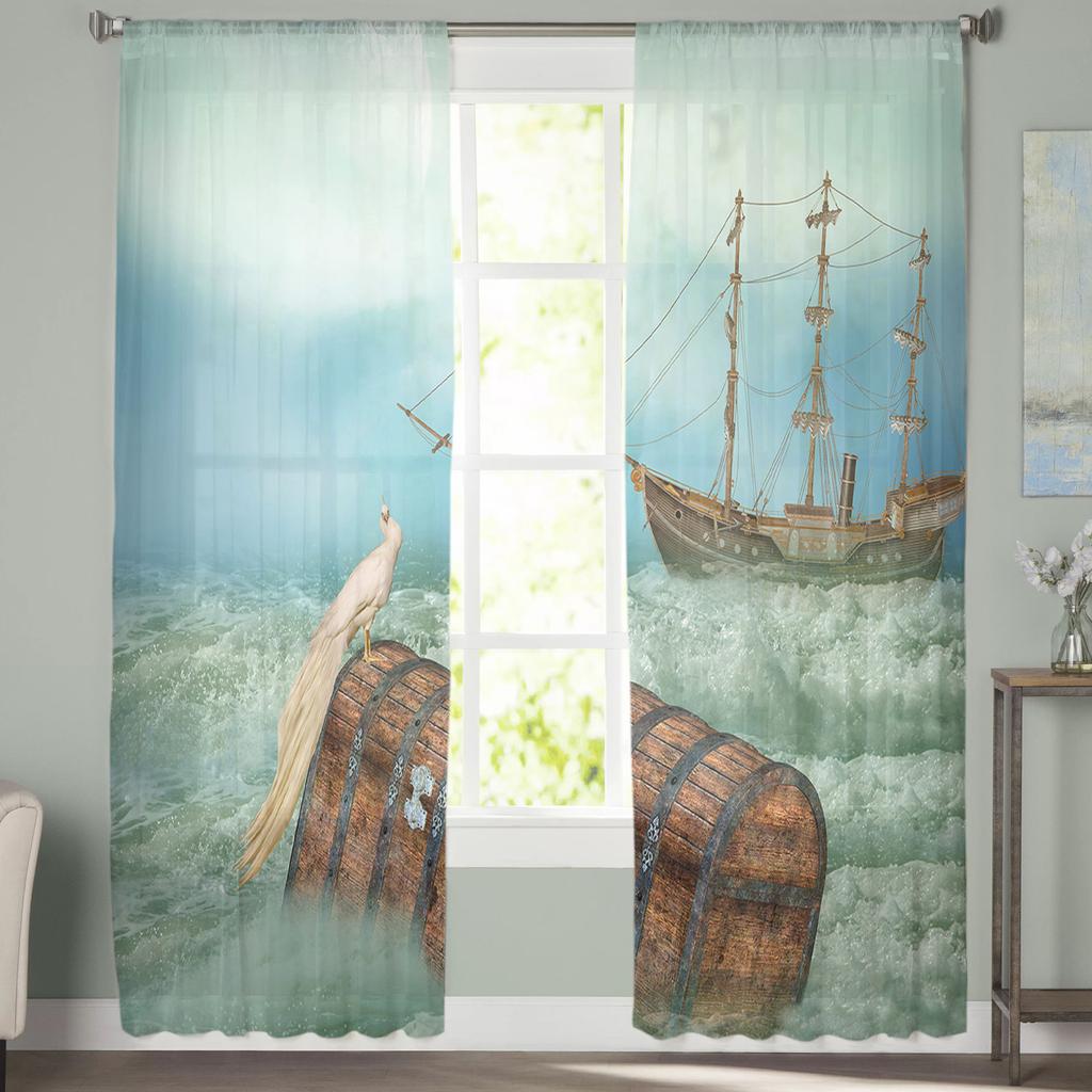 Wave Boat Peacock Sheer Curtain For Bedroom Tulle Voile Curtain For Kitchen Living Room Decor Window Treatment