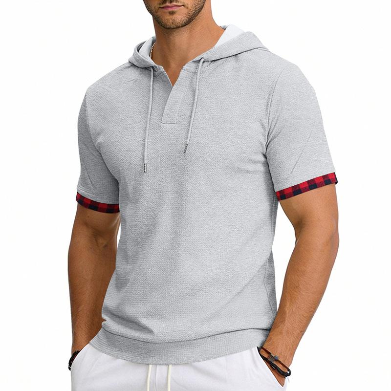 Men's Hooded T-Shirt Short Sleeve Contrast Plaid Cuff Drawstring Breathable Casual Pullover Tops Summer Hooded Tees Men