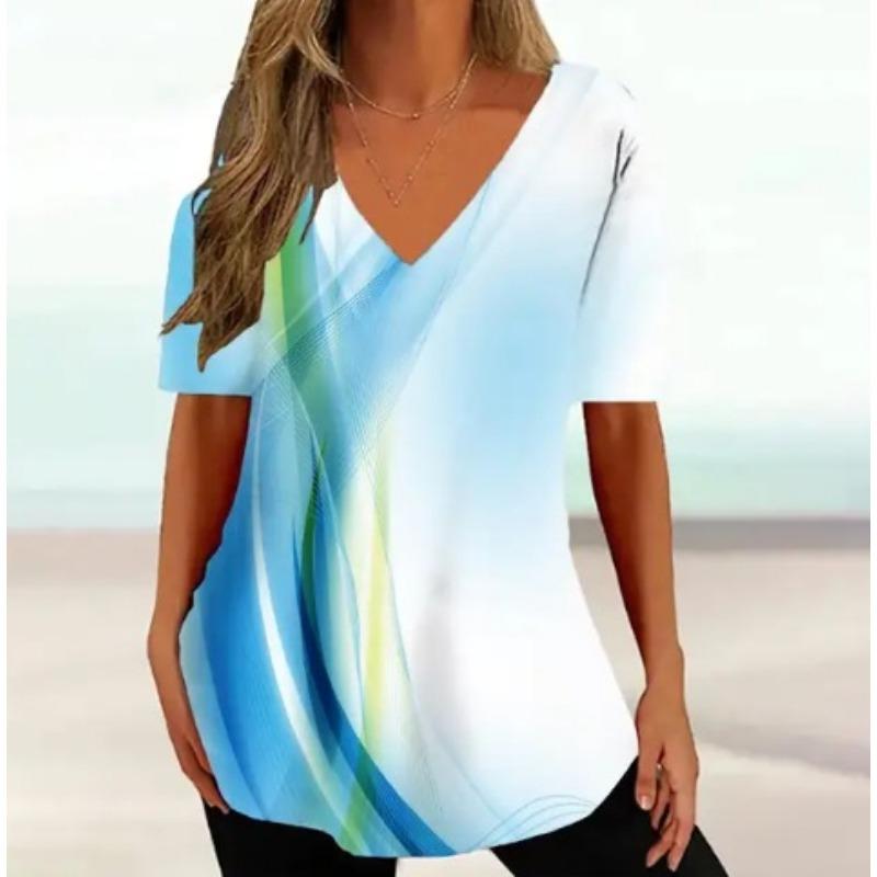 Retro Women's Ethnic Geometric Painting Harajuku T-shirt Women's Summer Casual Short Sleeve V-neck T-shirt