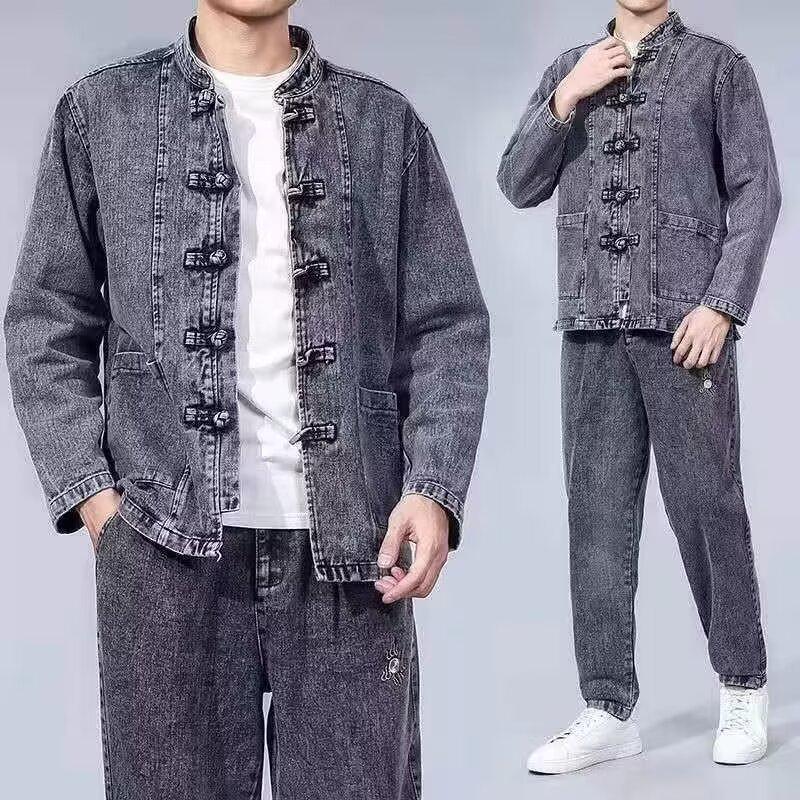 Men's Retro Chinese Style Denim Jacket: Frog Button Patchwork, Stand Collar, Loose Fit