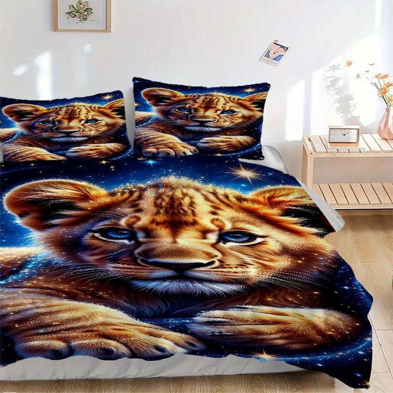

3pcs Lion Cub Print Bedding Set - 1 Duvet Cover + 2 Pillowcases(Core Not Included), Machine Washable Polyester yy251216182 135x200cm