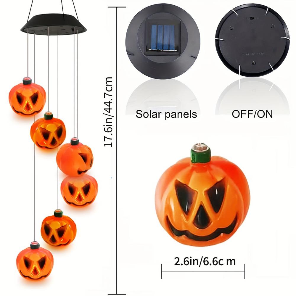 Solar-Powered Halloween Pumpkin Wind Chimes with Colorful LED Lights Angry Pumpkin Hanging Decor for Garden Porch Patio Windows
