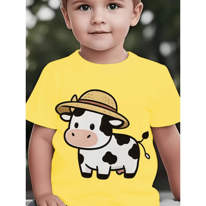 European sizes Boys' Cow Print T-Shirt - Short Sleeve Round Neck Casual Shirt with Cute Cow Patterns, Spring Summer Fall Outfits Suitable for