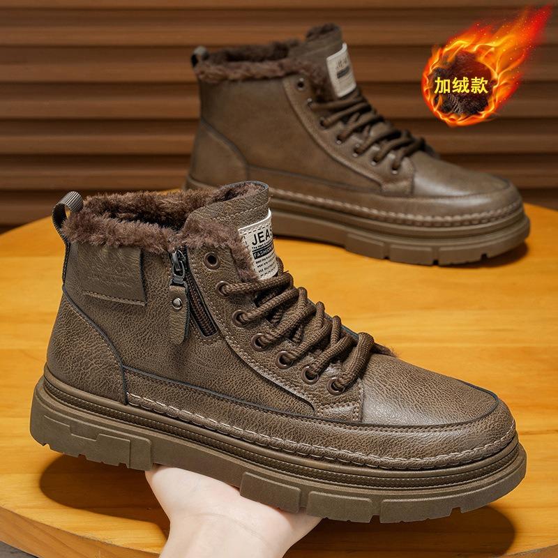 Winter Velvet High-top Martin Boots Men's Shoes New Leather Shoes Tooling Shoes Non-slip and Wear-resistant Thickened Warm Short Boots Cotton Shoes
