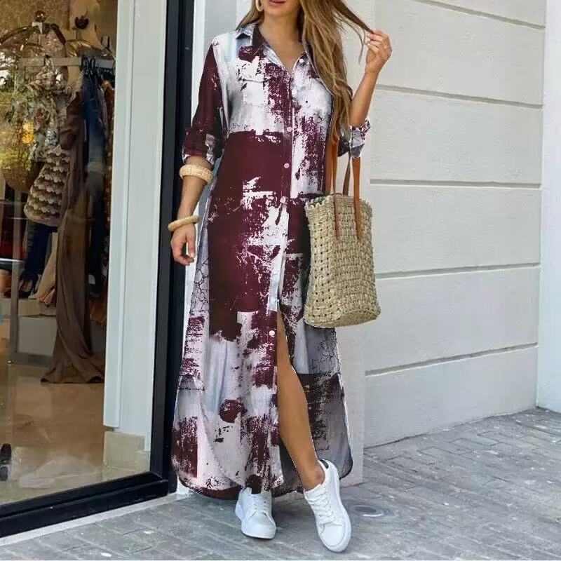 Moda Primavera e Autunno EastRogue Camicia Sexy Monopetto Gonna Lunga Abito Ampio con Revers