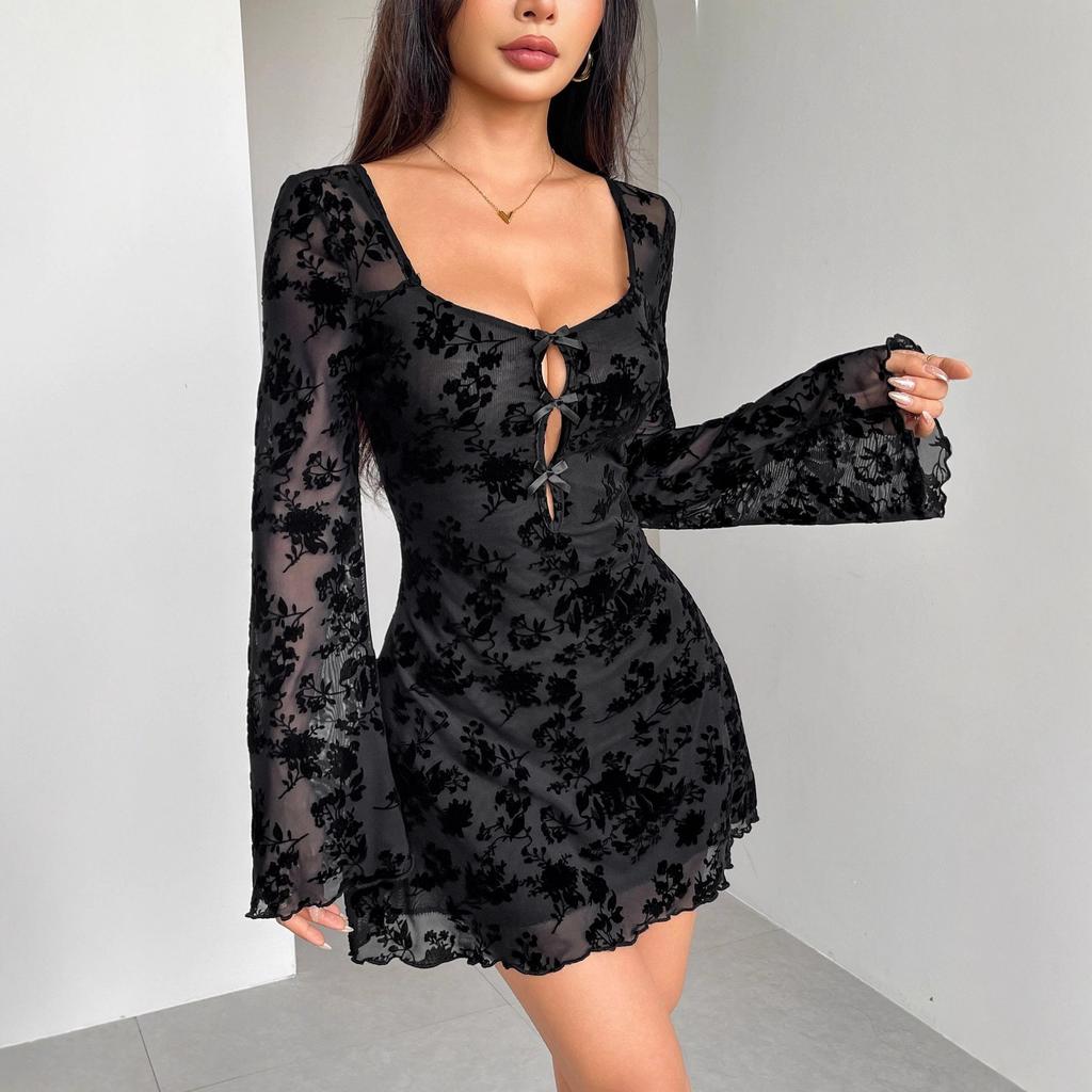 European And American Spring Dresses, New Flocked Long-Sleeved Floral Hollow Bow Women'S Clothing