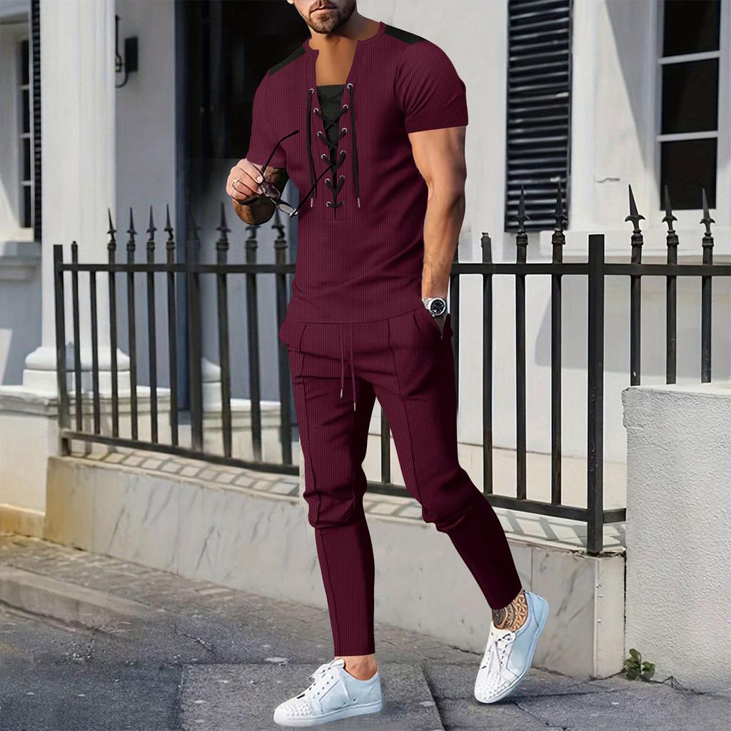 Men's Solid Color Round Neck Drawstring Casual Sports Short Sleeved Trousers Two Piece Suit