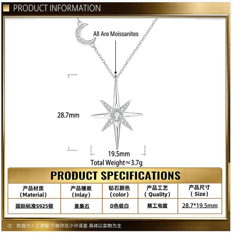 Sterling Moissanite Star Pendant Necklace With Eight-Pointed Moon Charm D Color Delicate Collarbone Chain Pendant Necklace
