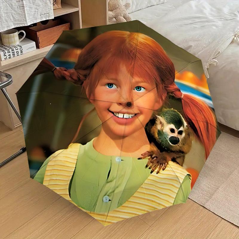1pc Pippi Longstocking Automatic Folding Umbrella, Portable Collapsible Design, Casual Outdoor Accessory L1127094