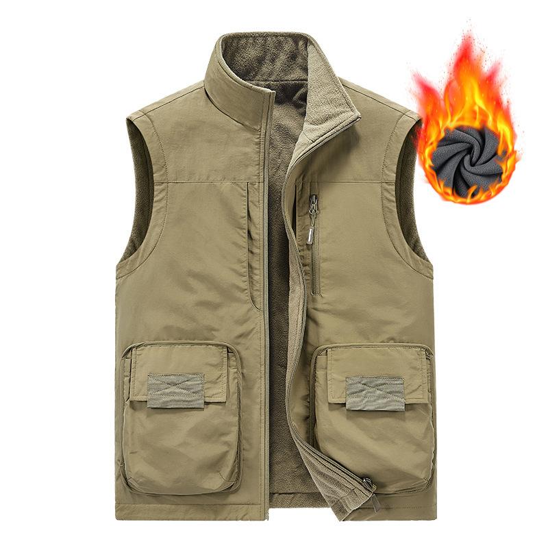 Middle-aged Velvet Thickened Vest with A Base To Keep Warm and Casual Vest, Wearing A Multi-pocket Vest on Both Sides