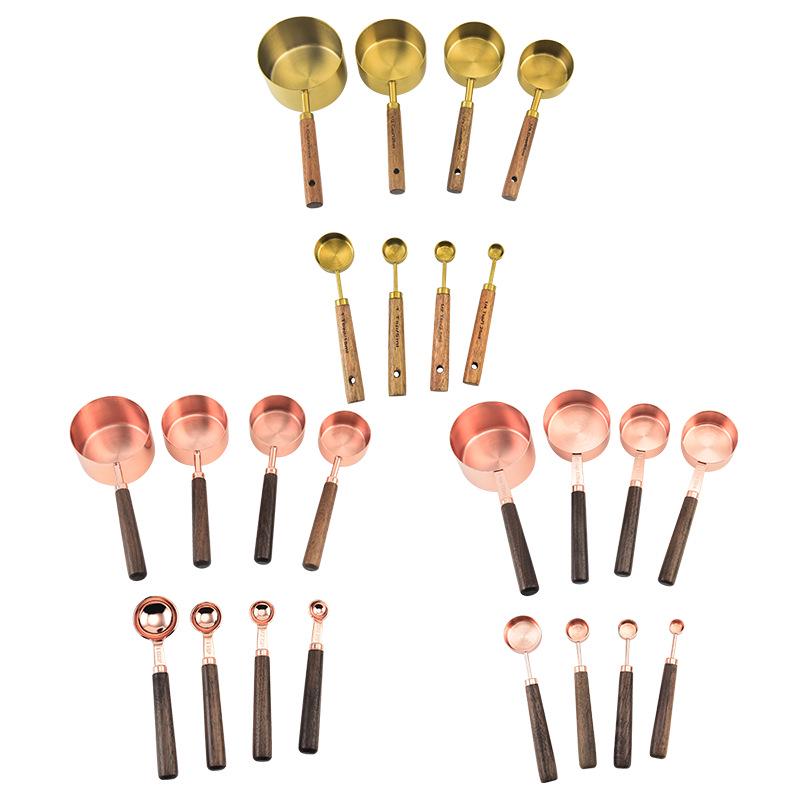 8-Piece Stainless Steel Measuring Cups & Spoons with Walnut Wood Handles & Rose Gold Finish