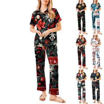 Women's Christmas Print Pajama Set Women's Short Sleeve Long Pants Two-piece Set Button-up Home Clothes
