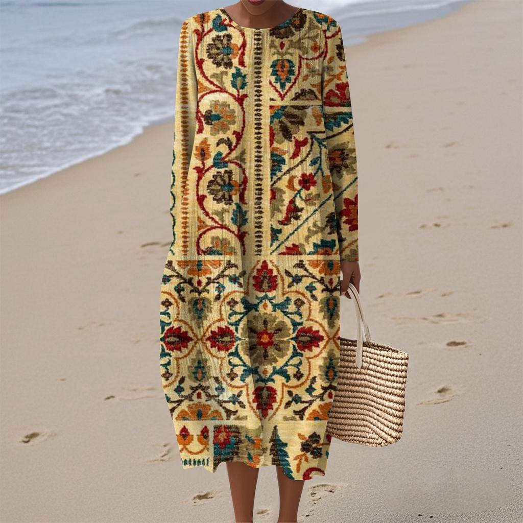 Damen Modisches Lässiges Langärmliges Rundhals Retro Geometrischer Druck Elegantes Kleid