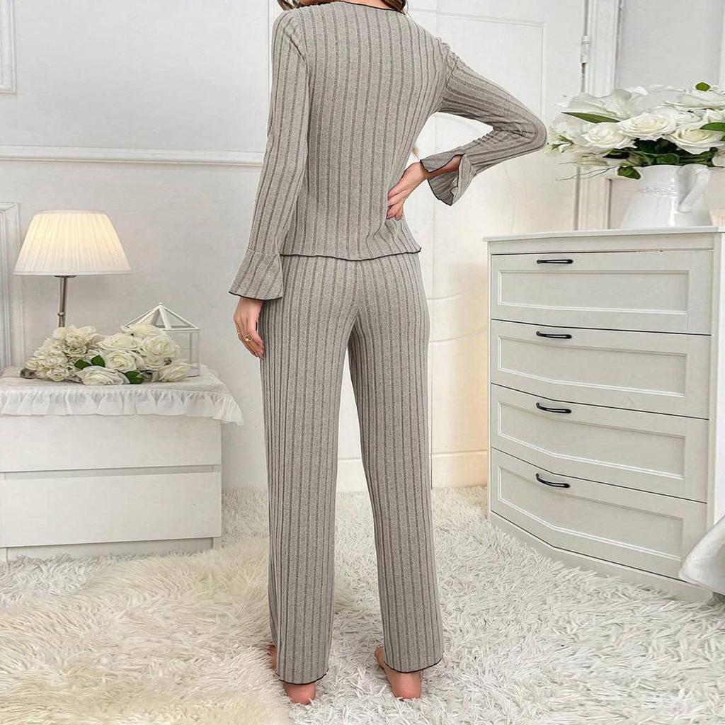 European & American Bow Lapel Pajama Set - Long Sleeve & Pants Casual Women's Homewear