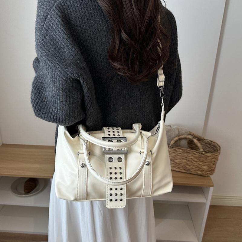 Yogodlns Women Y2K Bowling Handbag Retro Metal Buckle Design Shoulder Bag Vintage Faux Leather Detachable Strap Crossbody Bag for Shopper