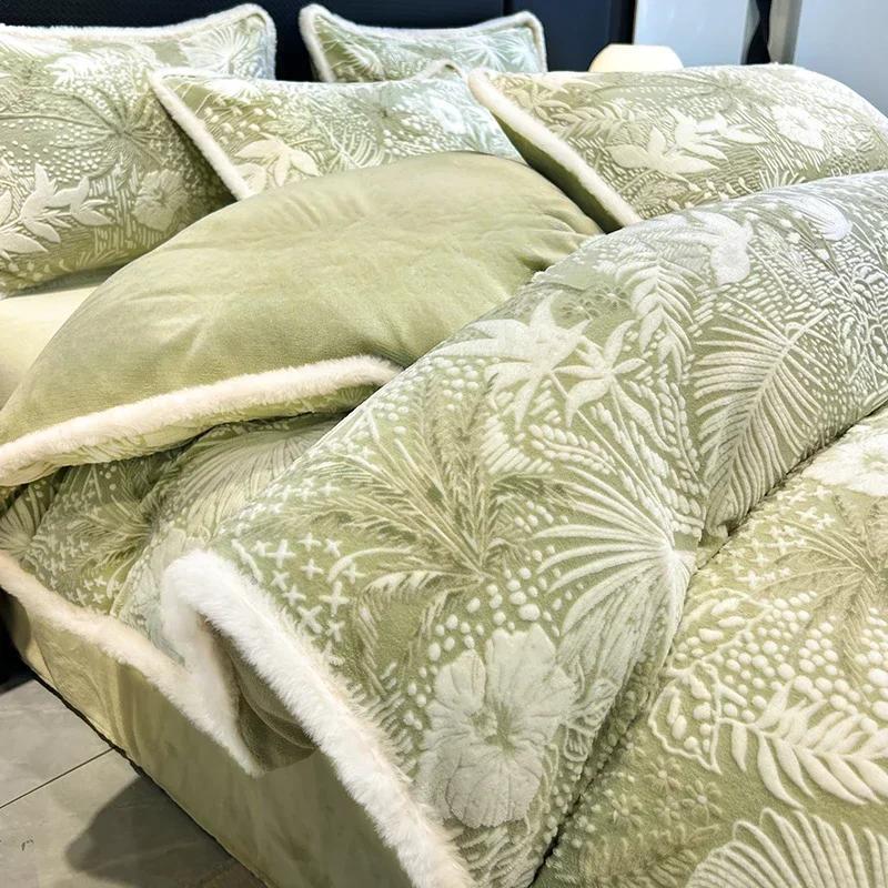 Winter Dickes Bedrucktes Milchsamt Vier-Teile-Set Bequem und Warm Kurzplüsch-Bettbezug 3-teiliges Set Kinderbettlaken