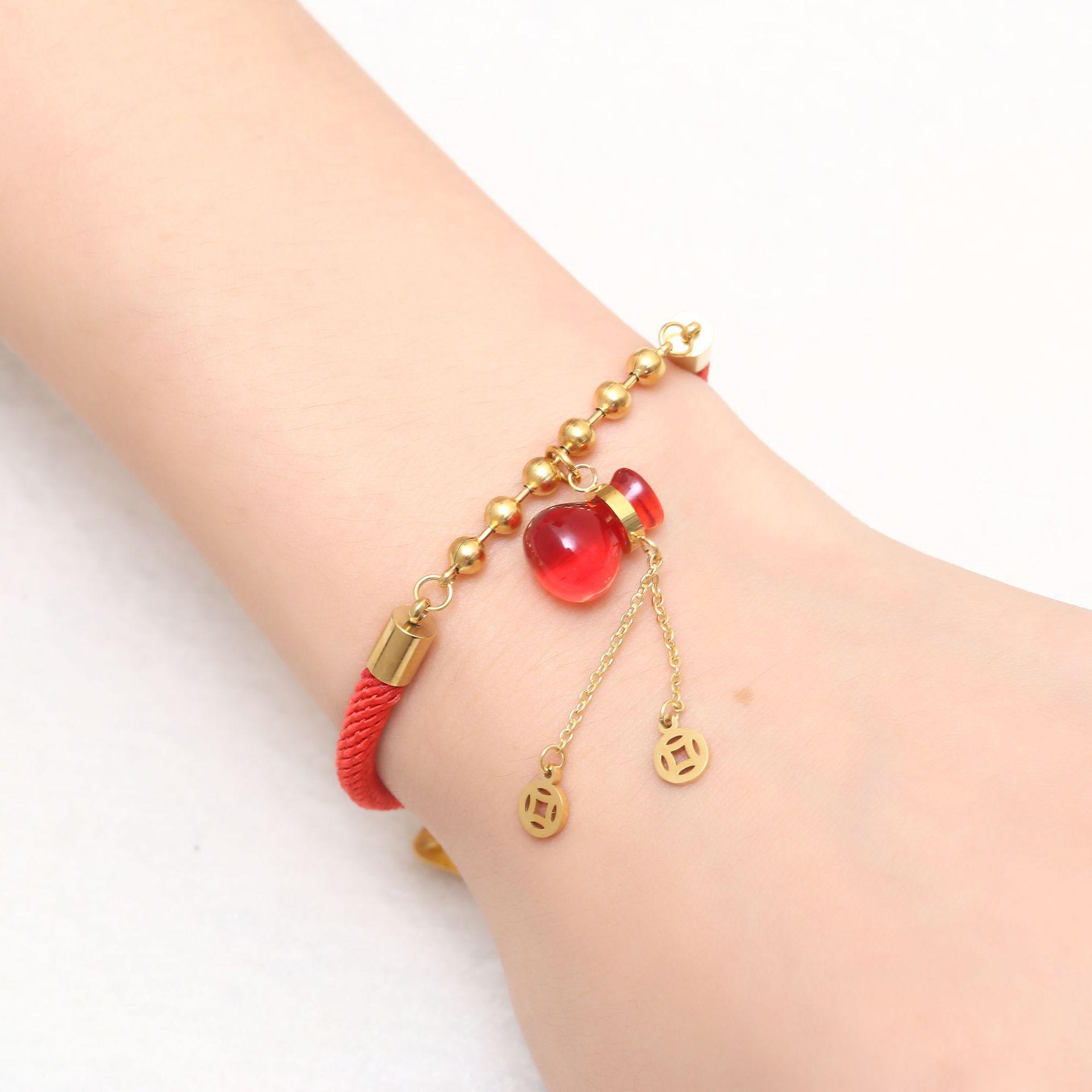 Charming Gourd Coin Purse  18K Rose-Gold-Plated Copper Coin Bracelet with Red Rope - Birthday Gift for Women