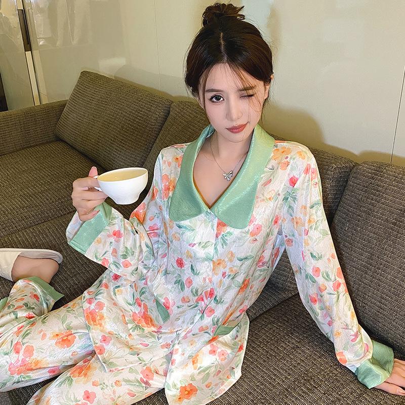 Spring Autumn Long Sleeve Trouser Pijamas Suit Women Loose Casuak Silk Satin Home Clothes 2PCS Pajamas Set Nightwear Lounge Wear