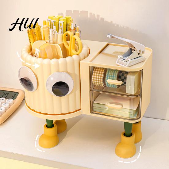 Children Stationery Organizer Cute Rotating Pen Holder with Drawer 2-in-1 Large Capacity Desktop Sorter for Kids Girls Multifunctional Storage