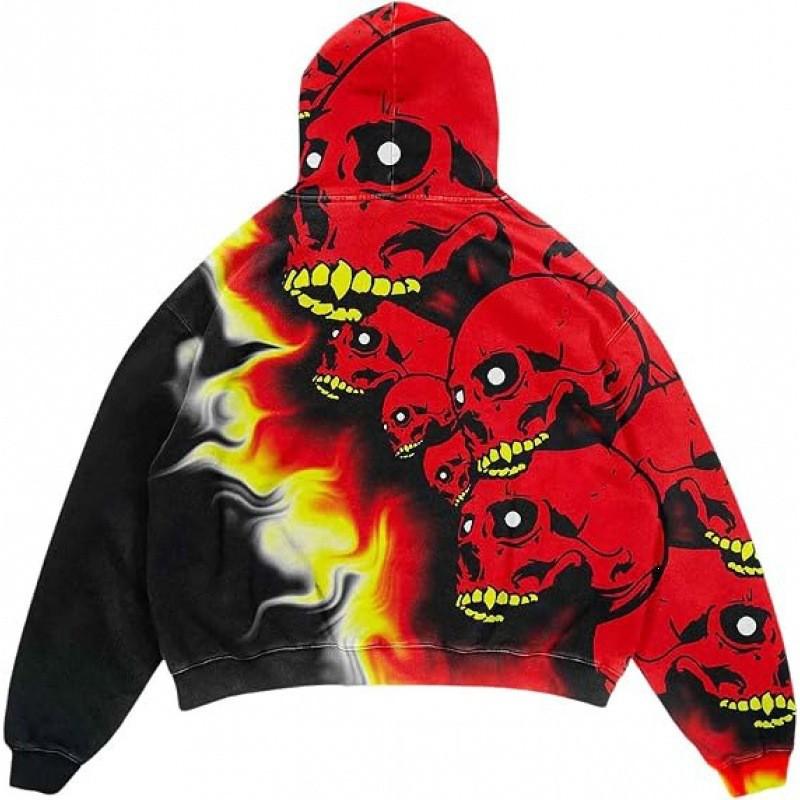 Amerikan Punk Kurukafa 3D Baskılı Kısa Kapüşonlu Sweatshirt Bol Kesim Erkek Kadın Sokak Giyimi