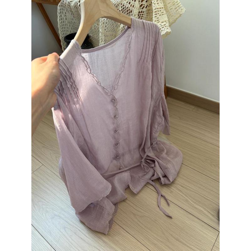 Lavender Embroidered Lace V-Neck Cotton Linen Shirt - Spring 2026 Retro Loose Top M