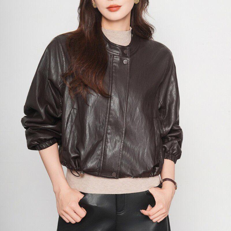 

Women s Lambskin Stand-Up Collar Short Leather Motorcycle Jacket, Loose Fit, Spring/Autumn 2026. Medium