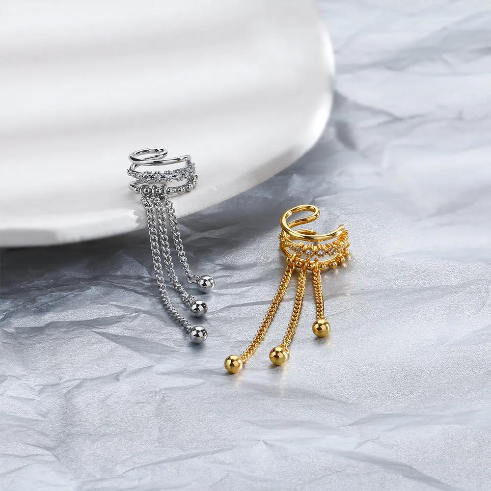Korean Fashion Ear Clip Piercing Tassel Earrings for Girls Women Silver Color Zircon No Ear Hole Cartilage Jewelry LAMOON